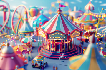Colorful, whimsical carousel surrounded by fantastical amusement rides with bright lights