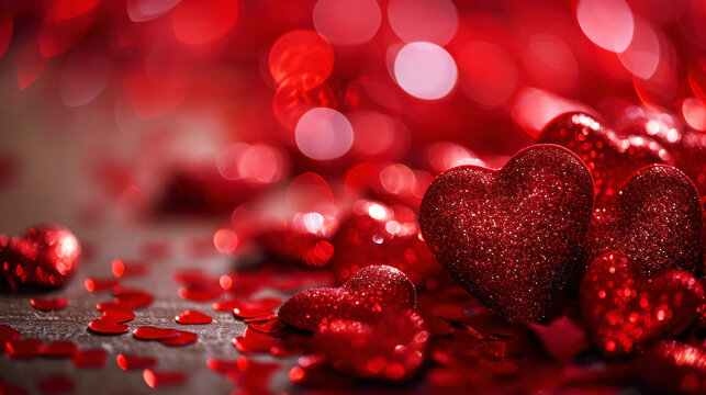 Close up of red glitter hearts on sparkling background. Copy space. Valentines Day. Romantic Concept. Generative AI