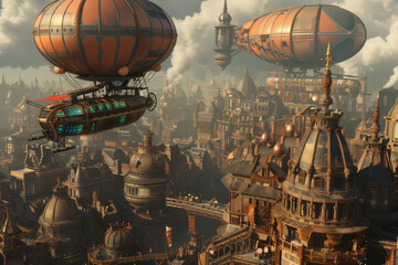 Obraz premium Explore the intricately detailed steampunk cityscape featuring imaginative airships and futuristic structures in this stunning 3d rendering artwork