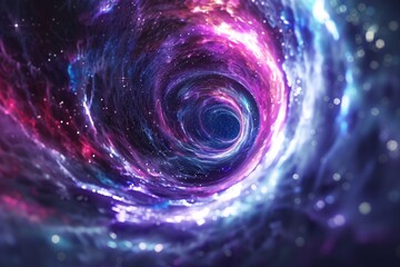 Captivating digital illustration of a vibrant and energetic hypnotic cosmic vortex in deep space, featuring swirling abstract colors and futuristic wormhole concept art - obrazy, fototapety, plakaty