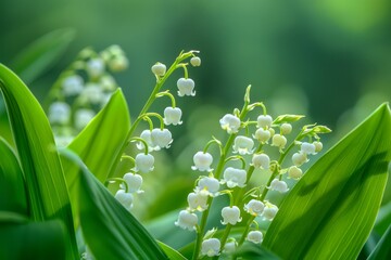 Obraz premium Delicate White Lily of the Valley Flowers Blooming in Soft Green Spring Light with Fresh Leaves Background