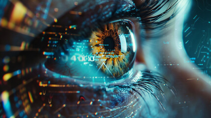 A close-up of an eye with virtual holographic projections surrounding it, depicting futuristic methods of surveillance and digital ID verification. 8K.