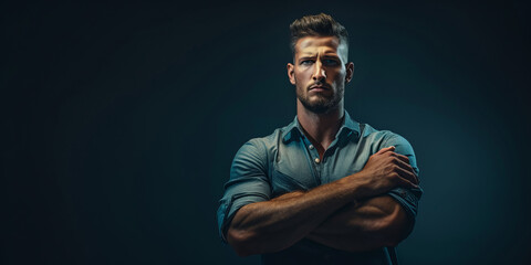 A young, confident man stands with arms crossed on a teal background giving off a strong, determined vibe - obrazy, fototapety, plakaty
