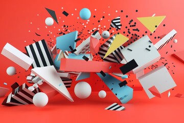Colorful 3d render of dynamic explosion with geometric shapes and floating elements