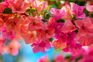 Vibrant Pink Bougainvillea Blossoms Against a Beautiful Blue Sky - A Perfect Natural Background or Seasonal Floral Display
