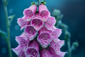Detailed Close-Up of Purple Foxglove (Digitalis Purpurea) Flowers with Dew Drops in Soft Focus Background