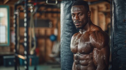 A muscular man training with a heavy bag in a gym, intense focus, sweat glistening, gym environment with various equipment in the background, movement and strength, dramatic lighting - obrazy, fototapety, plakaty