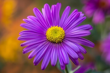Obraz premium Vibrant Purple Daisy Bloom with Yellow Center in Lush Garden Setting - Floral Beauty in Nature Photography