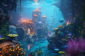 Fototapeta na wymiar Explore the enchanted underwater fantasy kingdom: a mystical submerged palace with vibrant marine life. Colorful coral reef