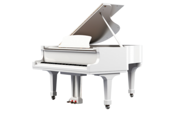 White piano and notes with grand piano keys. Isolated on a transparent background.