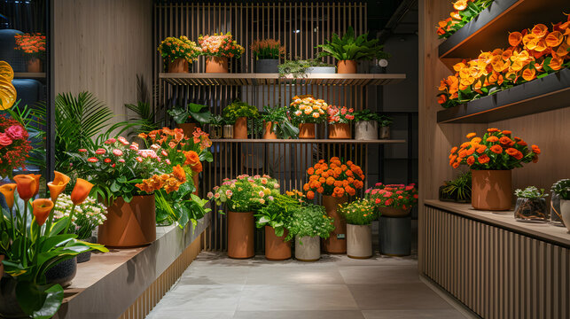 The interior of a modern flower shop, featuring sleek design and an array of colorful flowers and plants displayed in contemporary vases and planters.