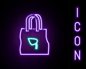 Glowing neon line Paper shopping bag with recycle icon isolated on black background. Bag with recycling symbol. Colorful outline concept. Vector