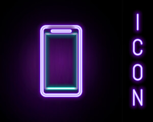Glowing neon line Smartphone, mobile phone icon isolated on black background. Colorful outline concept. Vector