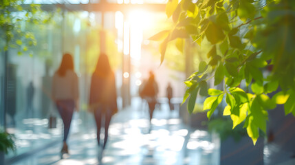 Blurred background of people walking in a modern office building with green trees and sunlight , eco friendly and ecological responsible business concept image with copy space