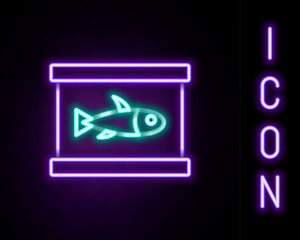 Glowing neon line Canned fish icon isolated on black background. Colorful outline concept. Vector