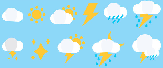 Weather set emoji icon. Cloud with sun, rain and lightning. Mateo forecast graphic symbol for app and web. Cartoon creative design icon isolated on blue background - obrazy, fototapety, plakaty