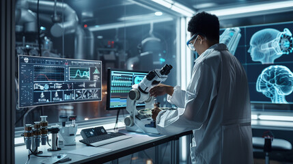 A high-tech laboratory scene capturing a scientist using advanced robotics for precise experiments, with monitors displaying complex data in the background. 8K