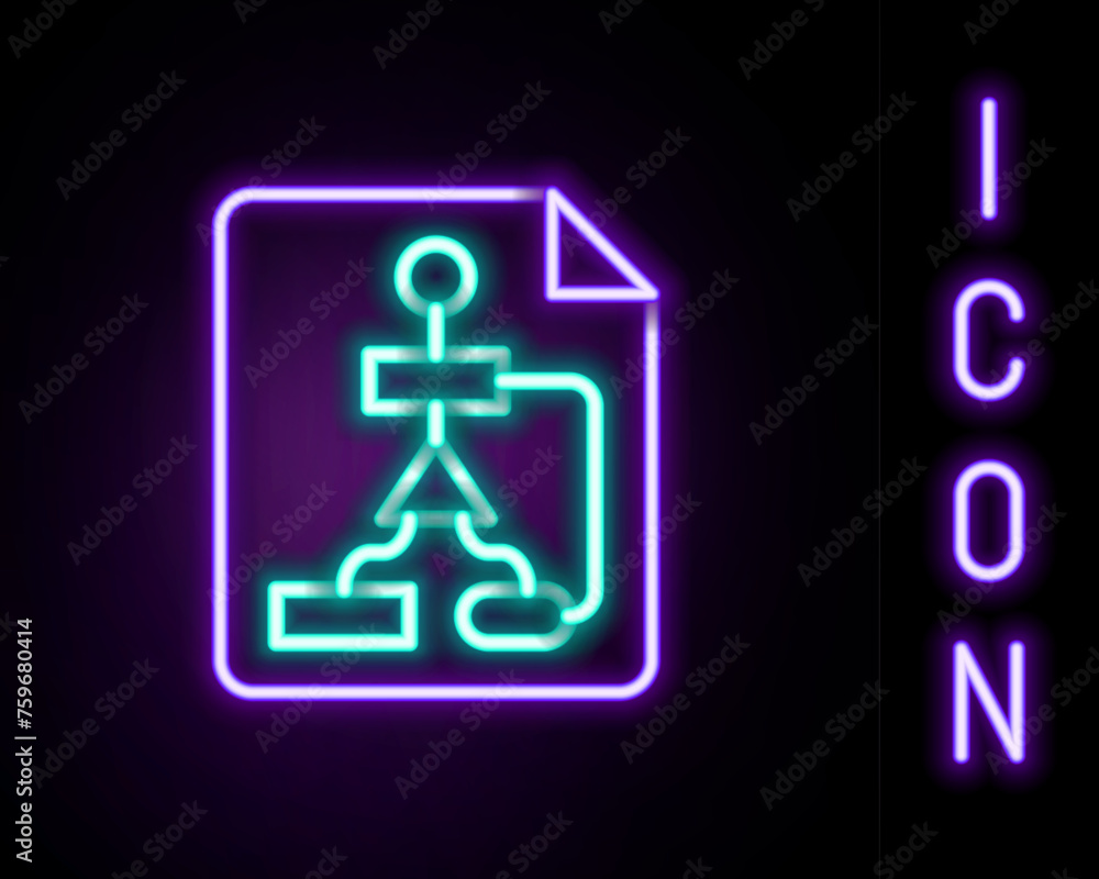 Poster glowing neon line tile flowchart for program design or process management plan icon isolated on blac