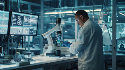 A high-tech laboratory scene capturing a scientist using advanced robotics for precise experiments, with monitors displaying complex data in the background. 8K - obrazy, fototapety, plakaty