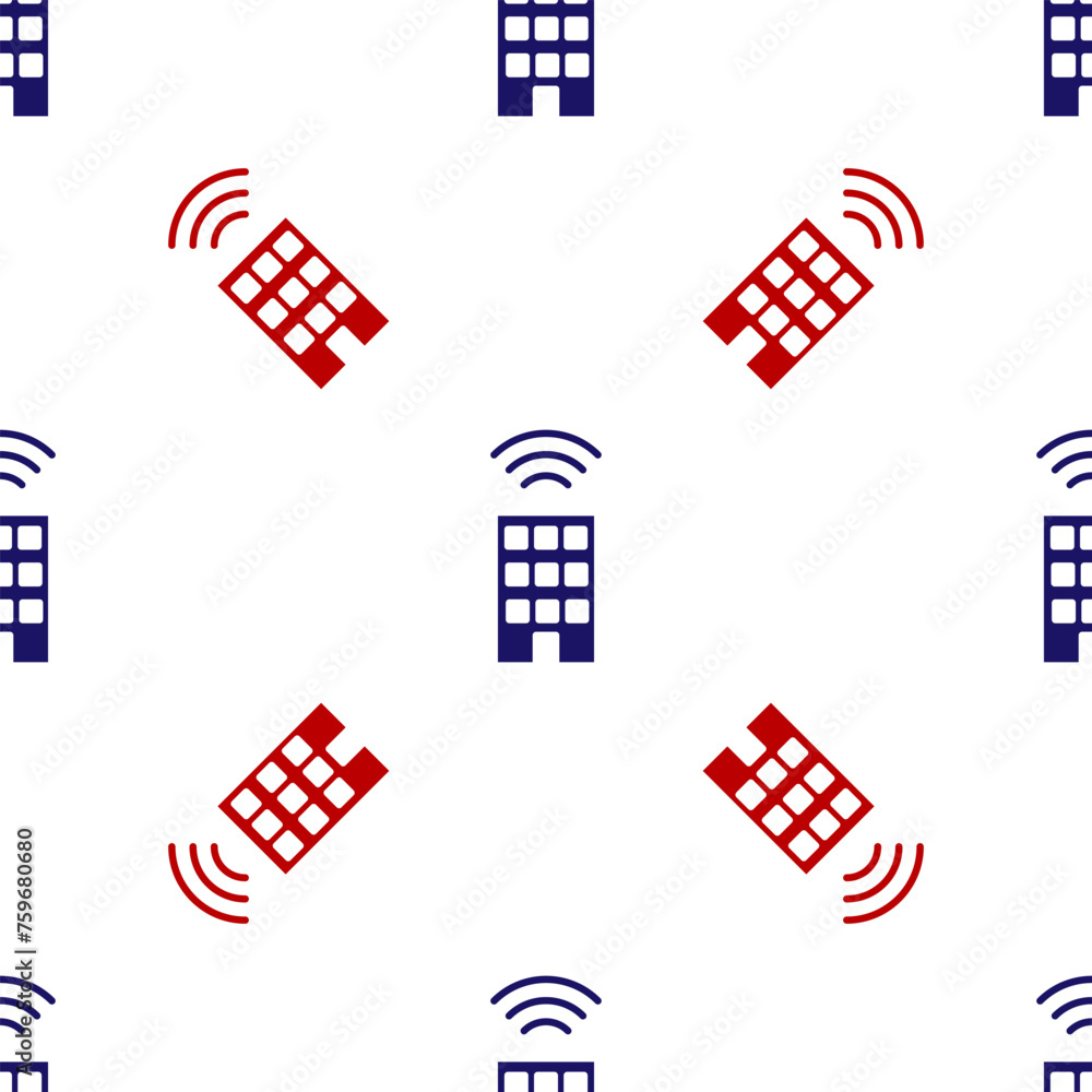 Poster blue and red smart home with wireless icon isolated seamless pattern on white background. remote con