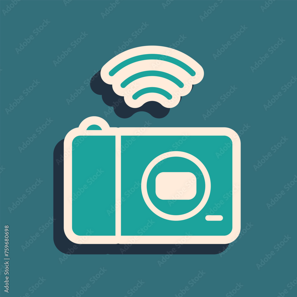 Poster green smart photo camera system icon isolated on green background. internet of things concept with w