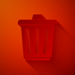 Paper cut Trash can icon isolated on red background. Garbage bin sign. Recycle basket icon. Office trash icon. Paper art style. Vector