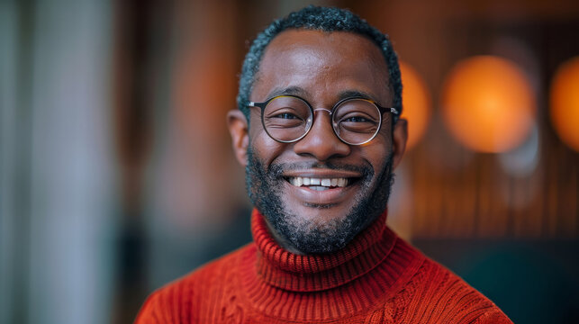 A man with glasses is smiling and wearing a red sweater. The image conveys a friendly atmosphere. Portrait of a black man standing smiling at the camera, wearing a red turtleneck and glasses round