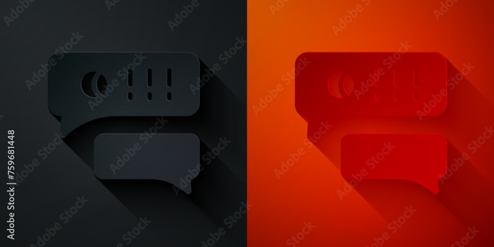 Poster paper cut speech bubble chat about baseball game icon isolated on black and red background. message 