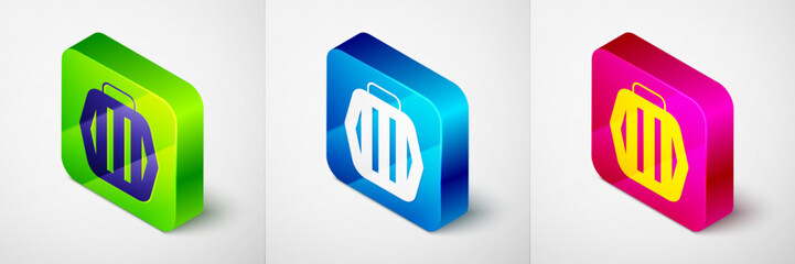 Isometric Pet carry case icon isolated on grey background. Carrier for animals, dog and cat. Container for animals. Animal transport box. Square button. Vector