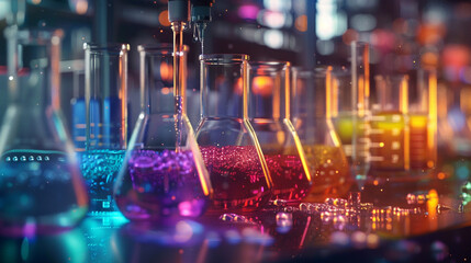 A laboratory scene capturing the moment a scientist adds a catalyst to a reaction, with colorful liquids swirling in glassware against a backdrop of high-tech instrumentation. 8K - obrazy, fototapety, plakaty