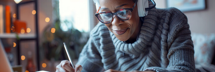 Elderly african american  woman freelancer  with headphone, hands holding stylus pen and working on digital tablet pc at home.  Portrait of senior woman writing making notes on tablet computer  - obrazy, fototapety, plakaty