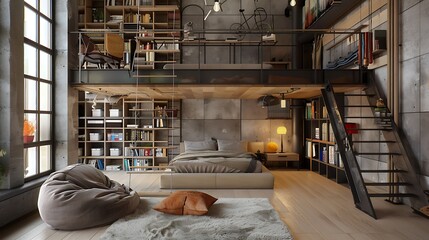 Obraz na płótnie Canvas Modern style large bedroom incorporating a lofted sleeping area accessed by a ladder and a cozy reading corner with a bean bag chair and a small bookshelf