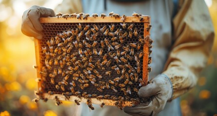Beekeeper holding honeycomb in hands in field of colorful flowers on sunny day