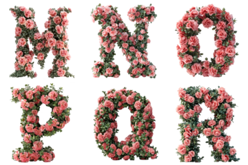  Carnation Alphabet Display: Pink carnations forming letters M, N, O, P, Q, R on transparent background