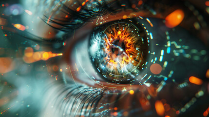 A macro view of a human eye with virtual holographic projections surrounding it, illustrating the future of surveillance technology and digital ID verification. 8K. - obrazy, fototapety, plakaty