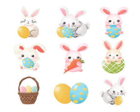 Collection of bunny and Easter eggs set on white.