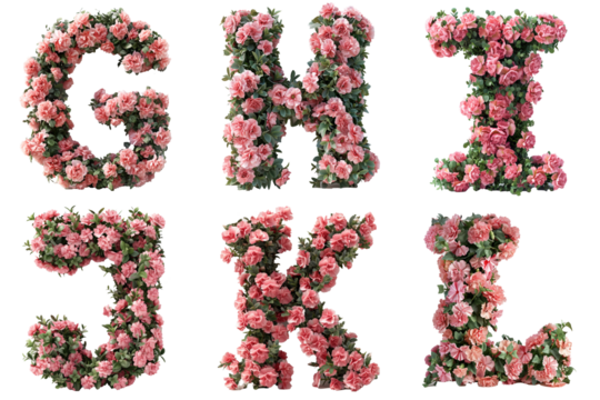  Carnation Alphabet Display: Pink carnations forming letters G, H, I, J, K, L on transparent background