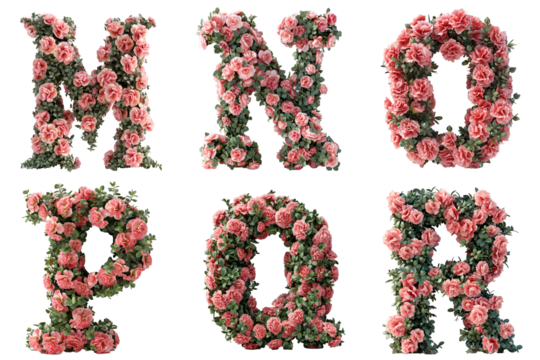  Carnation Alphabet Display: Pink carnations forming letters M, N, O, P, Q, R on transparent background