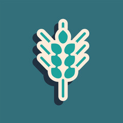 Green Cereals set with rice, wheat, corn, oats, rye, barley icon isolated on green background. Ears of wheat bread symbols. Long shadow style. Vector