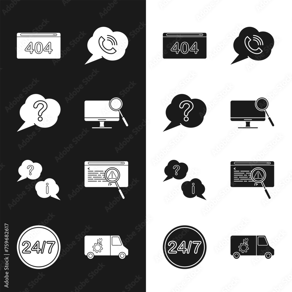 Poster set computer monitor diagnostics, speech bubble question, page with 404 error, phone call, and excla