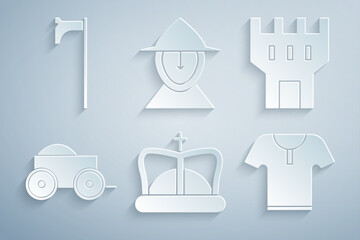 Set King crown, Castle tower, Wooden four-wheel cart, Body armor, Medieval iron helmet and axe icon. Vector - obrazy, fototapety, plakaty