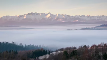 Papier Peint photo Tatras Landscape in the morning. There is fog in the valley. View of the Tatra Mountains from the Pieniny Mountain Range