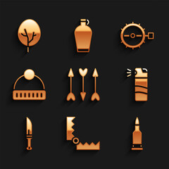 Set Hipster arrows, Trap hunting, Bullet, Pepper spray, Hunter knife, Winter hat, and Tree icon. Vector