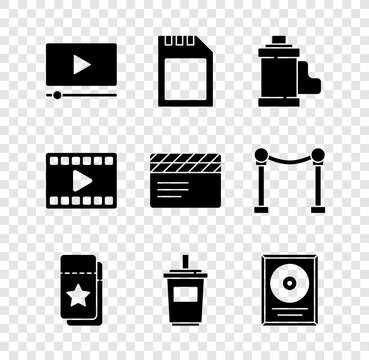 Set Online play video, SD card, Camera film roll cartridge, Cinema ticket, Paper glass with water, CD disk award frame, Play Video and Movie clapper icon. Vector