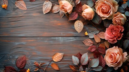 A wooden background featuring an autumnal theme surrounded by yellow flowers and blank space for text or product, Generative AI. - obrazy, fototapety, plakaty
