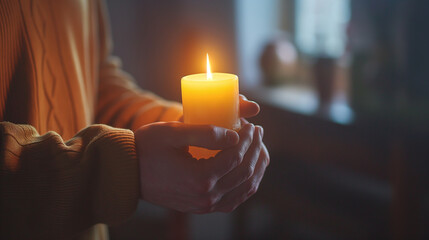 close up of a man's hand holding a burning candle concept of hope in difficult times of life 