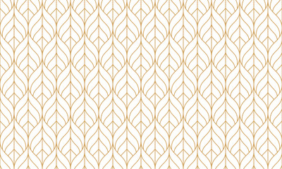 Seamless gold art deco leave pattern, luxury . repeating wave lines background for fabric, wallpaper, card, or wrapping paper. Vector illustration.