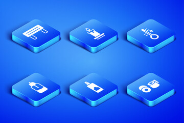 Set Toilet paper roll, Sauna wood bench, Spray can for hairspray, Essential bottle, Aroma candle and thermometer icon. Vector