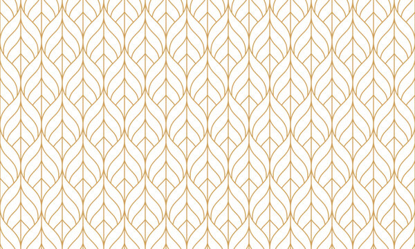 Seamless gold art deco leave pattern, luxury . repeating wave lines background for fabric, wallpaper, card, or wrapping paper. Vector illustration.