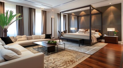 Modern style large bedroom with a four-poster bed and a lounge area furnished with a chaise longue and a coffee table